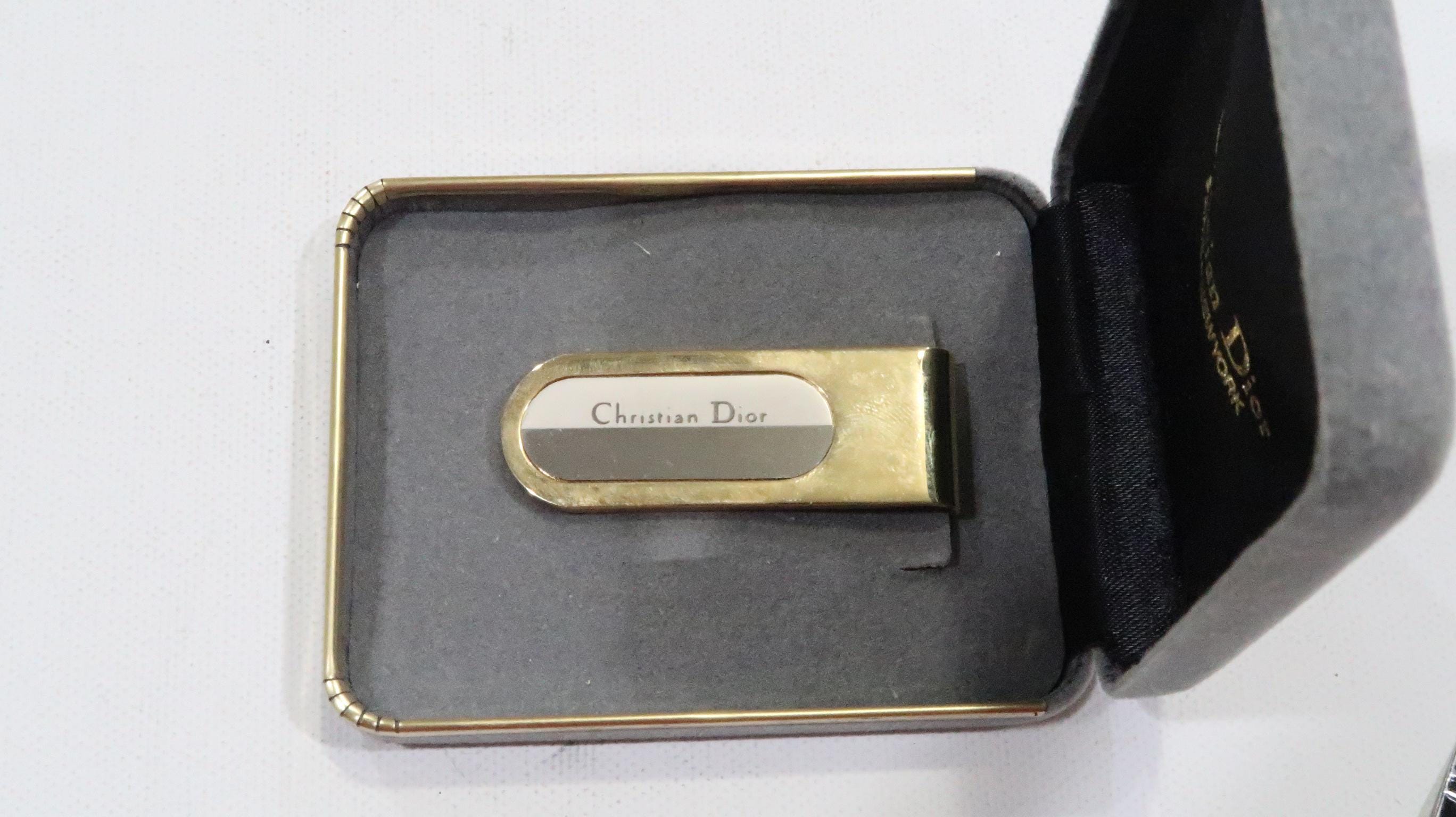 Vintage Christian Dior gold and silver tone etched money clip in original box