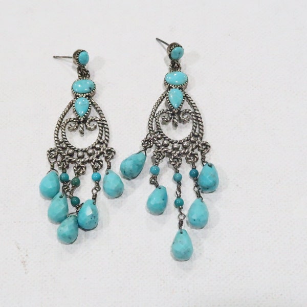 Barse long turquoise sterling Thai dangle earrings