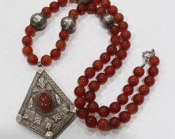 Very old carnelian bead sterling Tibetan?Moroccan? Berber? tribal necklace