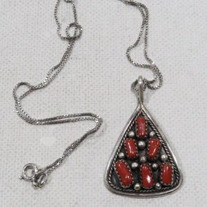 Vintage Navajo artist Irene Chiquito sterling red coral cluster pendant necklace
