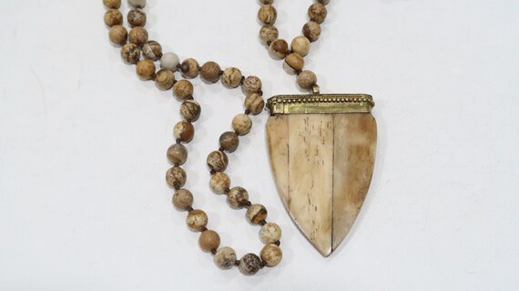 Knotted brown agate bead necklace with bone penda… - image 4