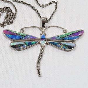 Rare Navajo artist James Shay multicolored opal inlaid dragonfly sterling pendant chain