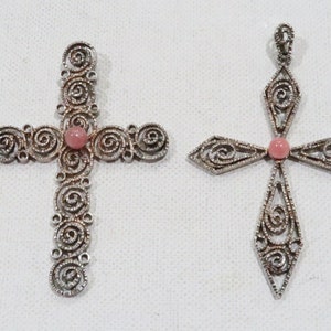 Lot of 2 large sterling crosses with a pink center stone