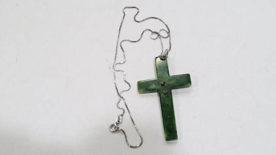 Unique green Bakelite/catalin cross sterling neck… - image 7