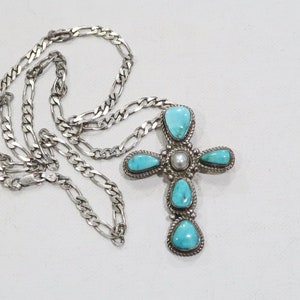 Navajo artist James Francisco sterling turquoise and pearl cross pendant with sterling necklace