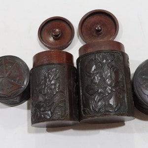 Antique carved bamboo conatiners with lids two different sized boxes