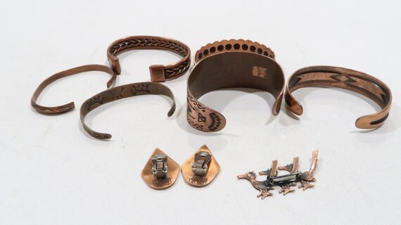 Copper Native American cuff lot wth earrings,broo… - image 3