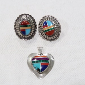 Sensa Eustace Zuni multi stone inlay pendant and matching multi stone inlaid sterling earrings