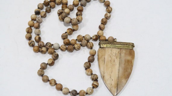 Knotted brown agate bead necklace with bone penda… - image 5