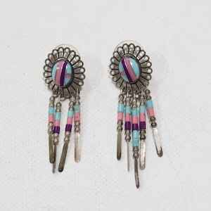 Navajo sterling inlaid sugilite turquoise pink spiny oyster dangle earrings