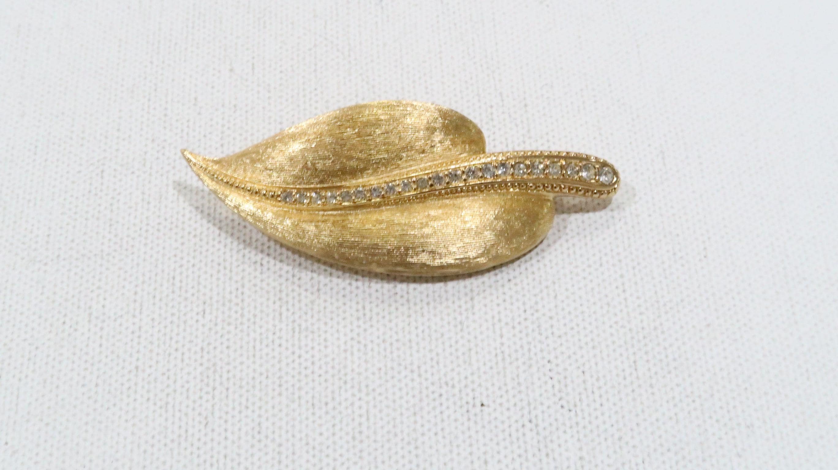 Vintage Christian Dior Gold Plated Leaf Brooch With White Crystals