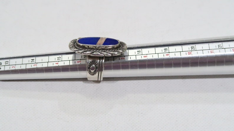 Navajo artist Aaron Toadlena lapis and peach moonstone inlay ring size 6.5-7