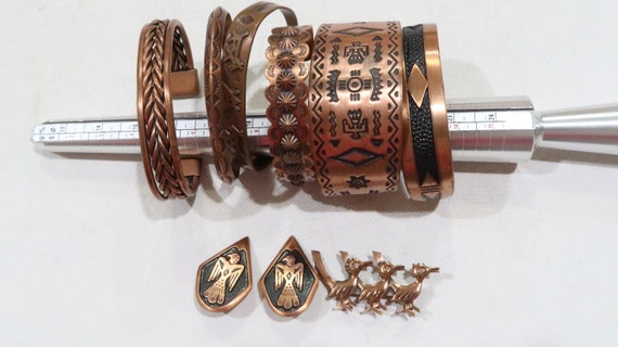 Copper Native American cuff lot wth earrings,broo… - image 1