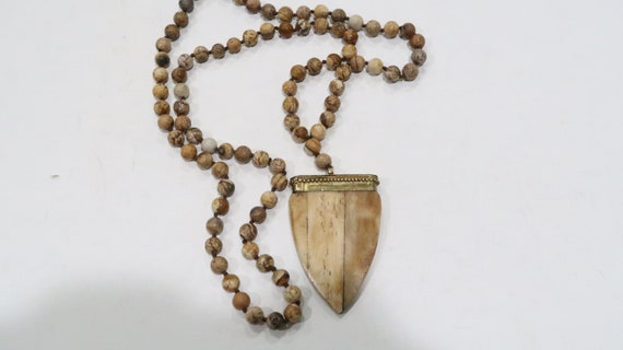 Knotted brown agate bead necklace with bone penda… - image 2