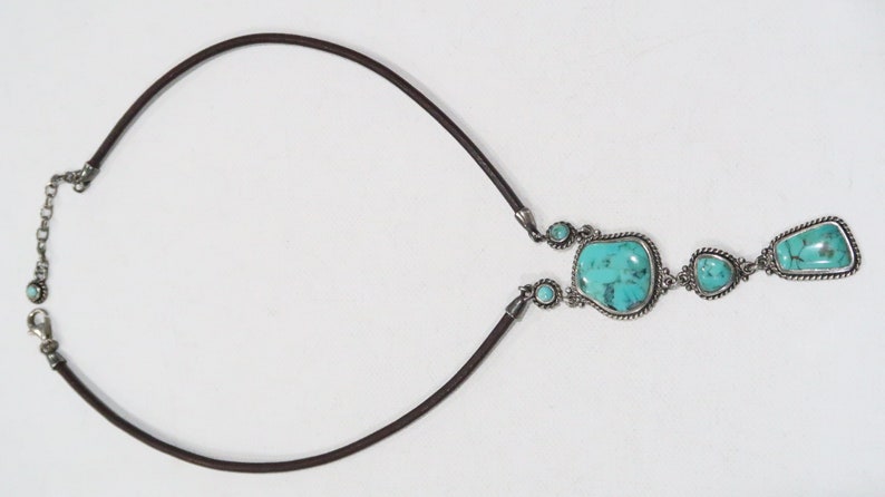 Sterling silver Barse turquoise drop necklace on a brown leather cord