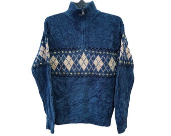 vintage Sweat-shirt en molleton floral demi-fermeture éclair bleu moyen pull molletonné taille M