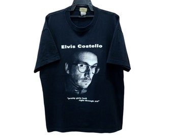 Vintage 90's Elvis Costello English Singer Songwriter Record Producer Xlarge Black T Shirt Genre Music Concert New Wave Power Pop Size XL