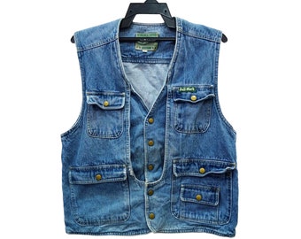 Vintage Vest Denim Fuji Mark Large Blue Jacket Denim Vest Multi Pocket Button Down Vest Size L