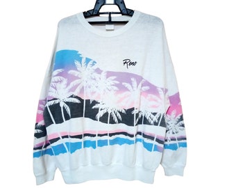Vintage 90's Hawaii Sweatshirt white Large Hawaiian Sweater Surf Boarding SunSet Overprint Pullover Crewneck Size L