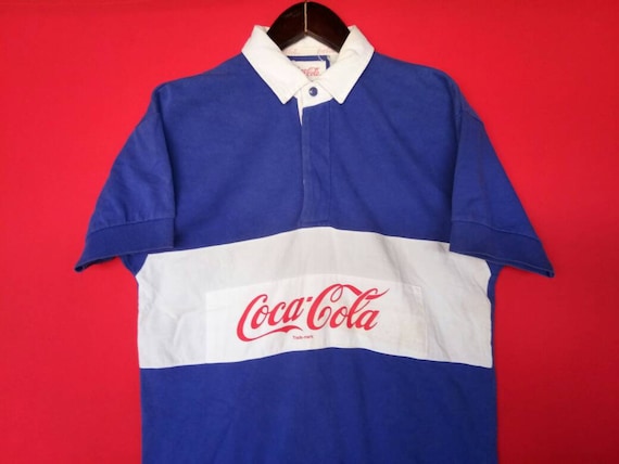 Vintage Coca Cola Polo Rugby Shirt Medium Blue 19… - image 2