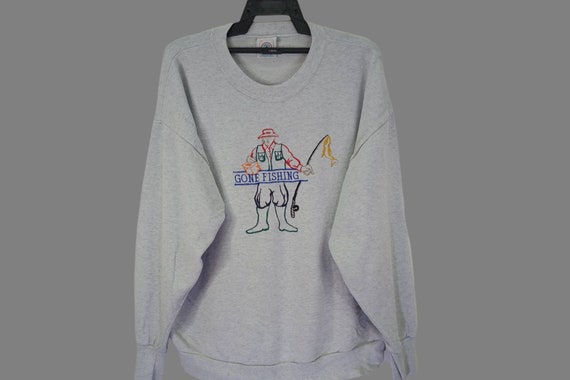 Vintage 90s Gone Fishing Crewneck Sweatshirt Xlarge Sweater Gray