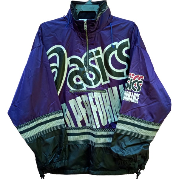 Vintage 90's Asics Windbreaker Hoodie Jacket Large Asics Sports Hip Hop Sportswear Asics Purple Overprint Light Jacket Size L