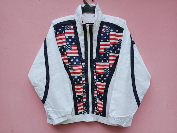 Vintage American Flag Windbreaker White Blue Jacket Small 90s American Flag Space Sportswear Zipper Jacket Windrunner Size S