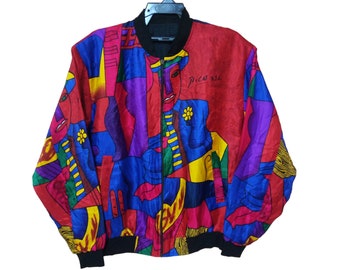 vintage des années 90 Picasso surimpression multicolore grande veste Picasso Winbreaker Fullprint taille L