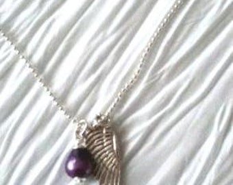 Necklace Silver Angel Wings & Pearl