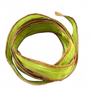 SILK RIBBON GREEN - apple green with LUREX THREAD copper