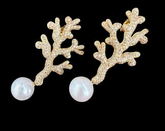 SILVER EARRINGS CORAL BRANCH Zirconia & Pearl 925 Sterling Silver