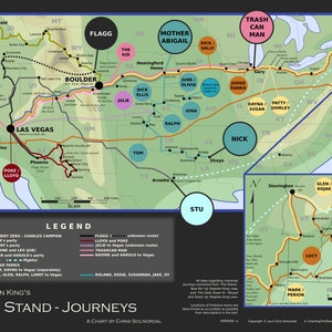 The Stand - Journeys: mappa A2 ad alta risoluzione che mostra i viaggi intrapresi dai personaggi chiave di "The Stand" di Stephen King