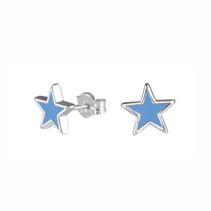 Blue Enamel Star Stud Earrings Silver