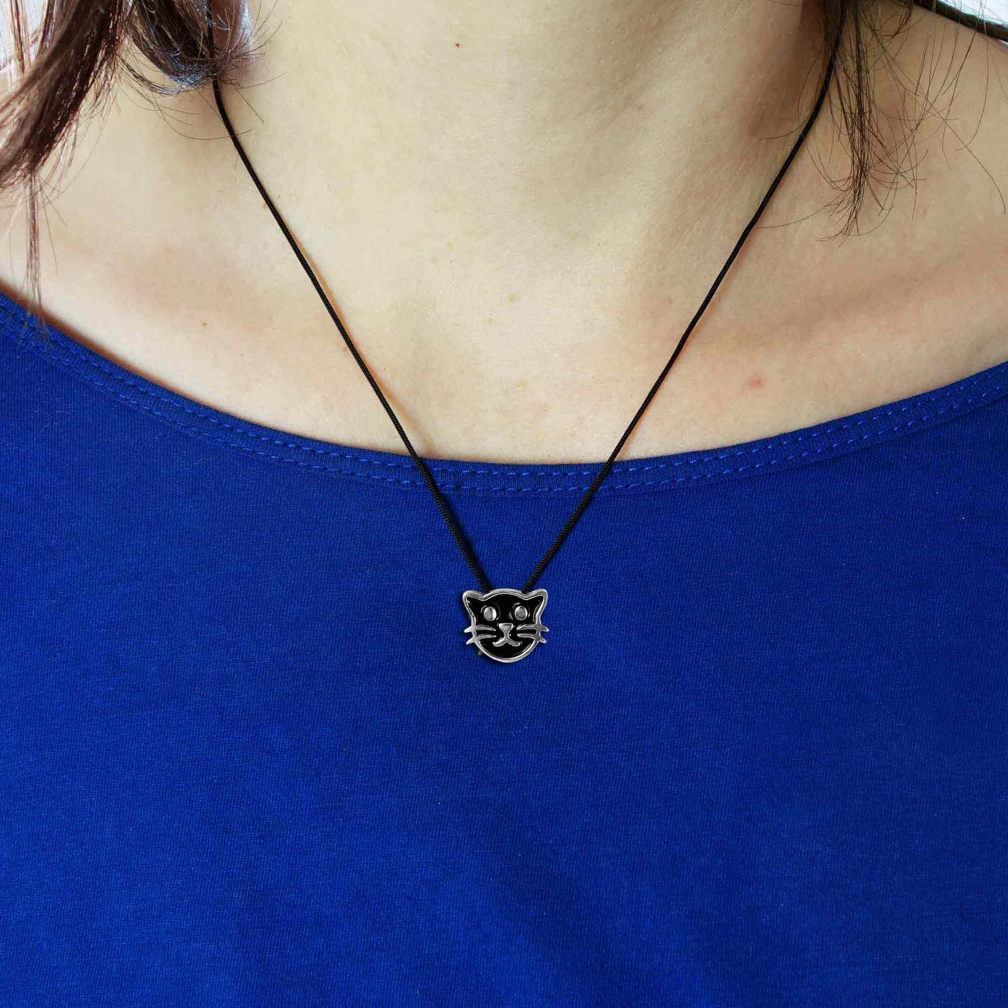 Black Cat Necklace Silver Cat Pendant Animal Cat Lovers Etsy