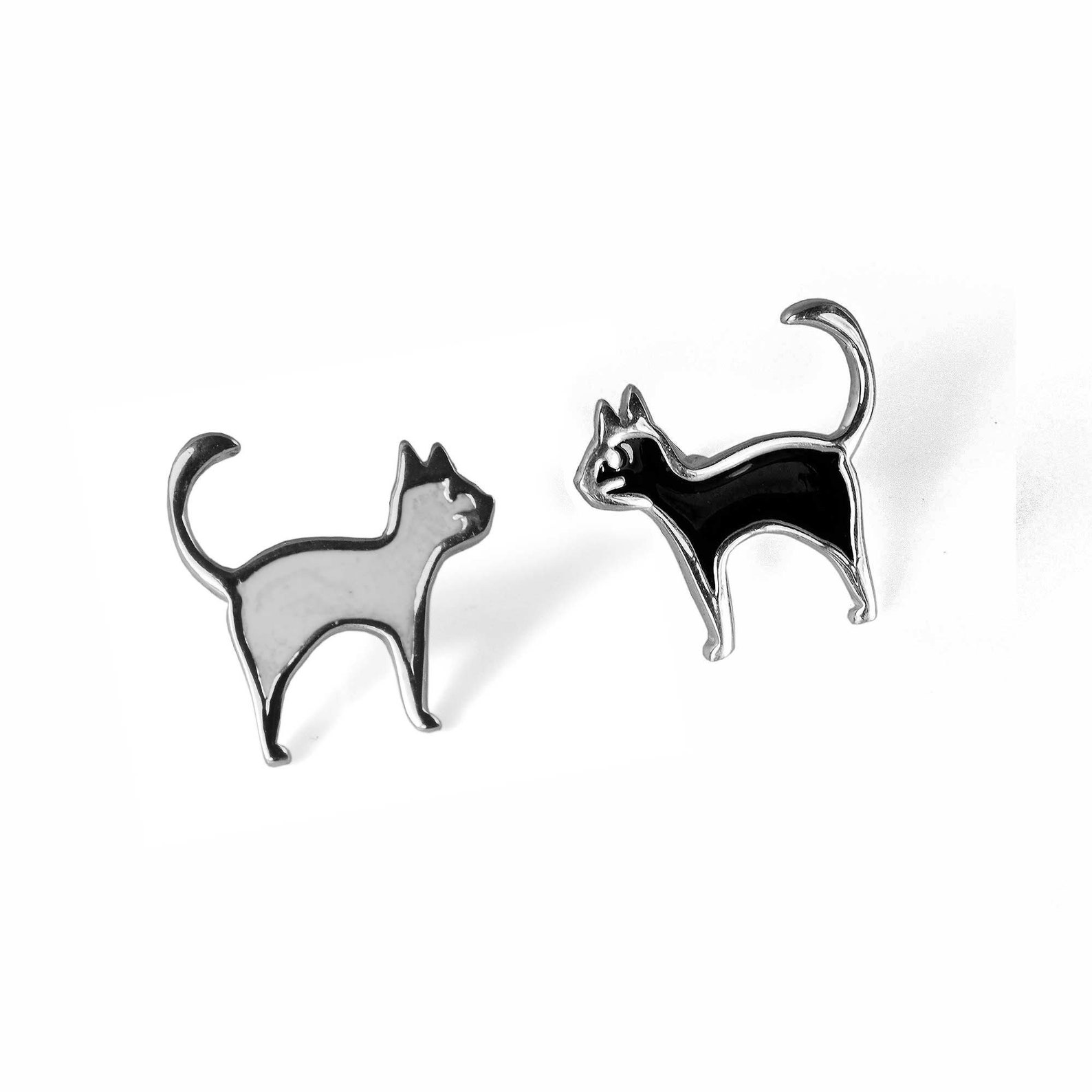 Cat Lover Gift Cat Earring Silver Black White Cat Stud | Etsy