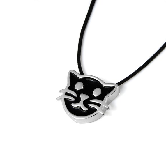 Black Cat Necklace Silver Cat Pendant Animal Cat Lovers Etsy