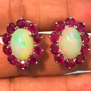 Natural OPAL and RUBY Luxe Wedding Earrings | Art Deco Natural Fine Quality Opal and Ruby Earrings | Engagement Earrings | Anniversary Gift.