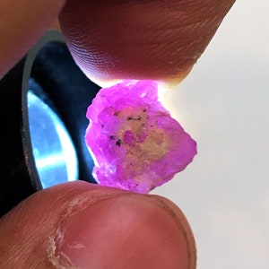 Puede incluir: Primer plano de una gema rosa en bruto con algunas pequeñas inclusiones. La gema está siendo sostenida por un dedo.