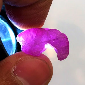Pode incluir: Uma gema bruta de cor púrpura intensa, com uma forma irregular e única. A gema é segurada na mão, mostrando sua beleza natural e seus detalhes intrincados.