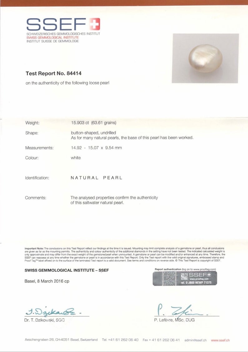 Natural Real PEARL | SSEF Certified 15.90 Carats Shiny White Lustrous ...