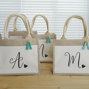 Sacs fourre-tout personnalisés en toile de jute, sac en jute personnalisé, sac de demoiselle d'honneur personnalisé, sac en jute prénom, sac en toile de jute prénom, cadeau EVJF