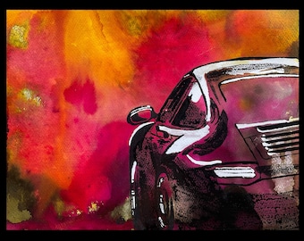 Porsche 911 Original Abstract Ink Painting Hand-Painted OOAK One Of A Kind Wall Art