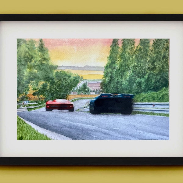 Original Le Mans watercolour painting, 'Chasing Sunsets', artist signed. A4 board. OOAK one of one.