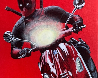 Deadpool On Vespa - Original Acrylic Painting On Canson card. Unique artwork