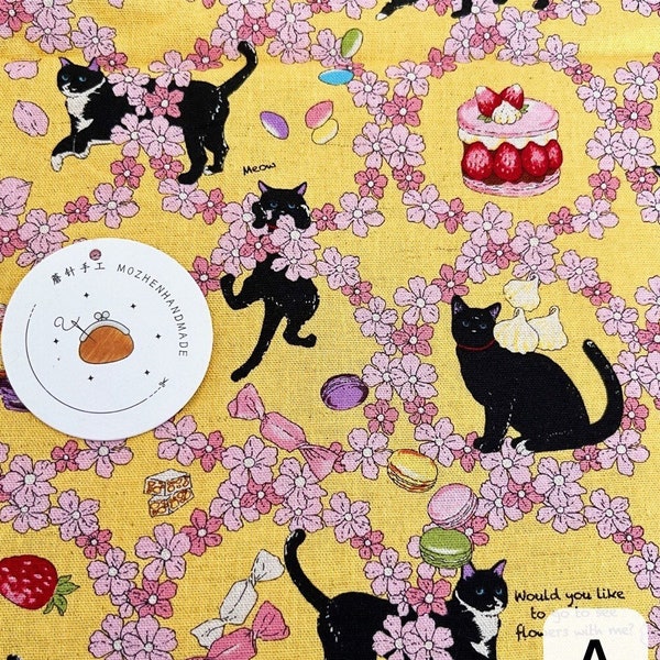 1117 # Chats noirs mignons, fleurs de cerisier, gâteaux aux fraises et macarons Tissu coton lin/50 cm x 110 cm/Fabriqué au Japon/M2