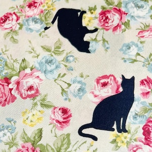 1473# Retro Japan Style Sakura Peony Black Cat Pattern Cotton Fabric/ Rose and Cat Fabric/Asia Kitten Fabric/ 50cm x 110cm/ Made in Japan /M