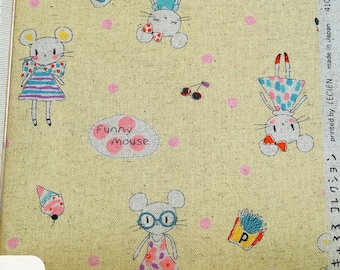 1020# LECIEN Cute Lady Mouse Wearing Dress with Bows, Pink Dot, French Fries, Pattern Cotton Linen Fabric / 50cm x 110cm/ Made in Japan/ M