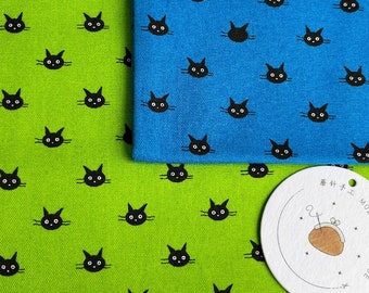 1163# 【2 Pics A Set】Cute Black Mini Cats Head Prints Cotton Fabric / Green / Blue / Made in Japan / 50cm×110cm/ M2