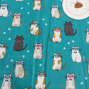 1215 # schattige minikat met koel glas, mooie zwarte kat, gestreept kittenpatroon katoen / studeerkat / 50 cm x 110 cm / gemaakt in Japan/M