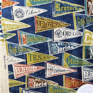1299# Cosmo Retro US State Name Flag, America State Name Flag Pattern Cotton Linen Fabric/ DIY Sewing Fabric/ 45cm x 110cm/ Made in Japan/M
